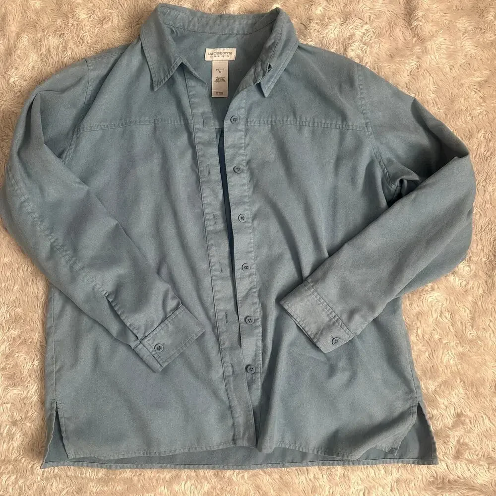 Vintage Liz Claiborne Dusty Blue Faux Suede Button Up Collared Shirt Longsleeve - Picture 2 of 5